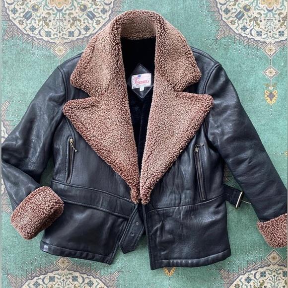 Real Leather & Brown Sherpa Fur Vintage Coat - Picture 1 of 1